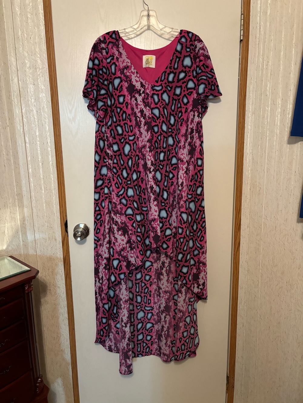 Cake Magenta Animal-Print High-Low V-Neck Dress with Blue Accents